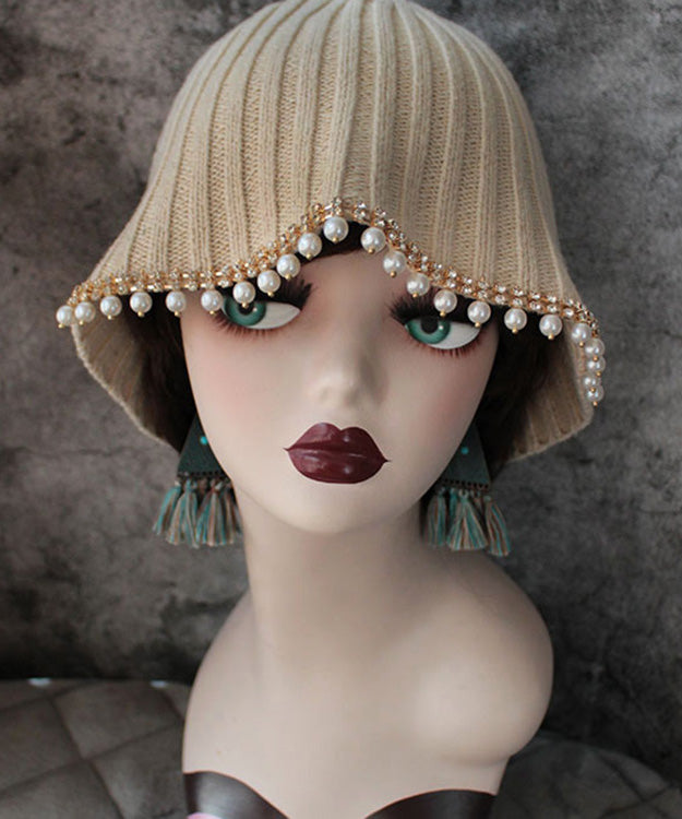 Diy Beige Zircon Pearl Knit Bucket Hat