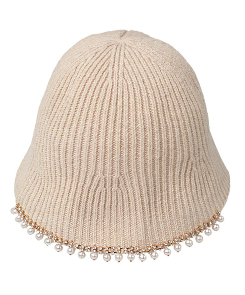 Diy Beige Zircon Pearl Knit Bucket Hat