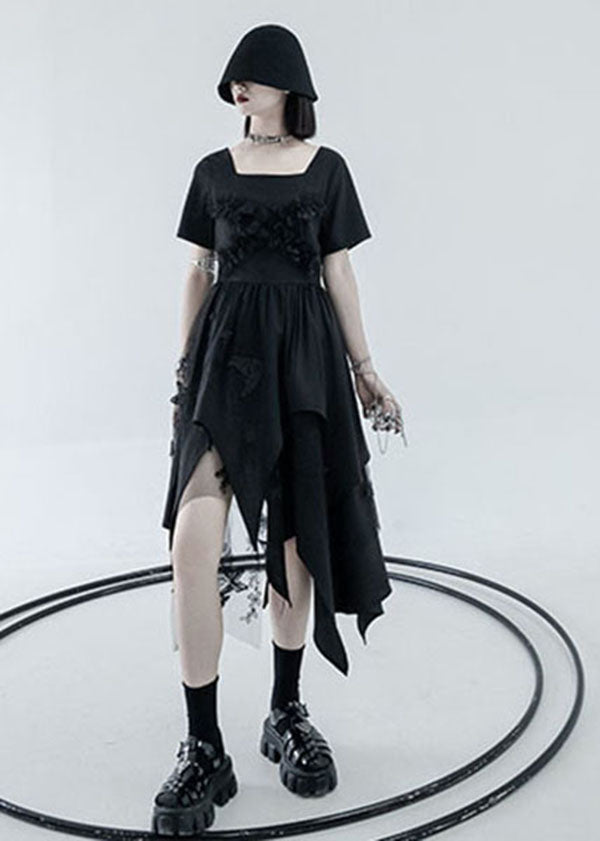Diy Black Asymmetrical Design Tulle Patchwork Cotton Vacation Dress Summer