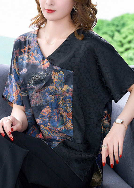 Diy Black Asymmetrical Patchwork Print Silk Shirts Short Sleeve
