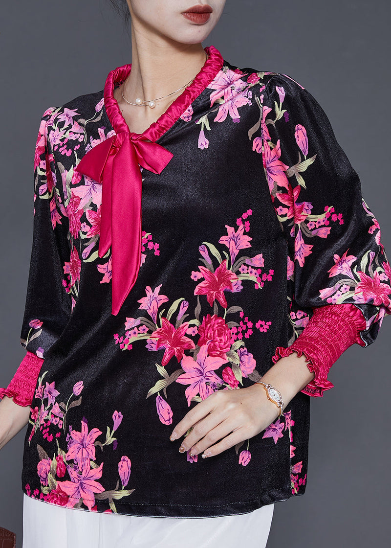 Diy Black Bow Collar Print Silk Velour Shirt Spring