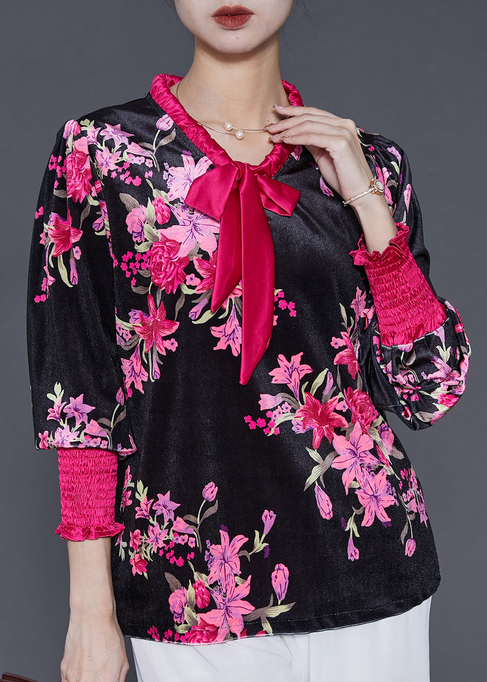Diy Black Bow Collar Print Silk Velour Shirt Spring