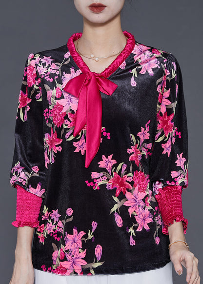 Diy Black Bow Collar Print Silk Velour Shirt Spring