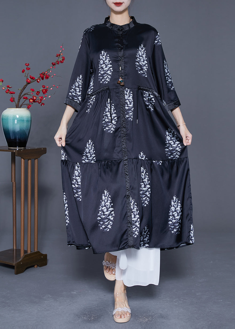 Diy Black Cinched Patchwork Print Silk Long Dress Summer