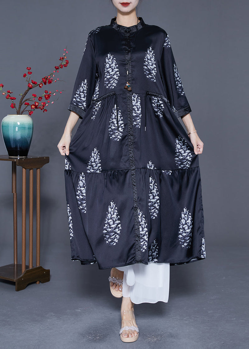 Diy Black Cinched Patchwork Print Silk Long Dress Summer