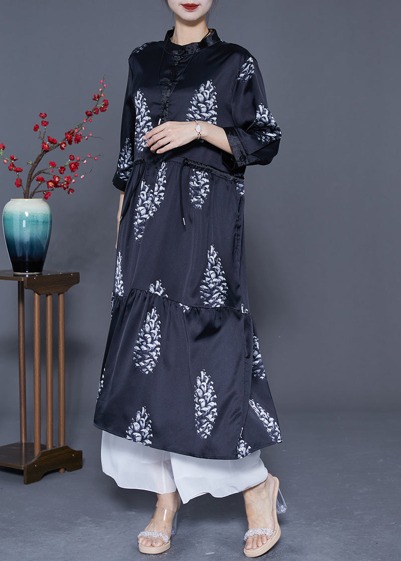 Diy Black Cinched Patchwork Print Silk Long Dress Summer