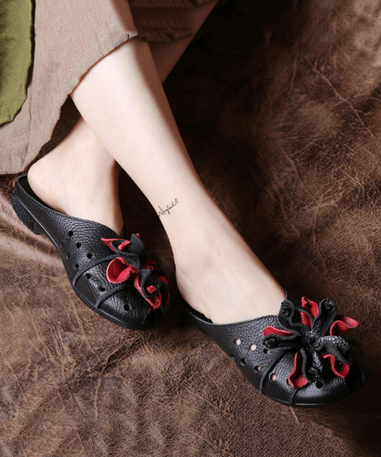 Diy Black Cowhide Leather Splicing Slide Sandals