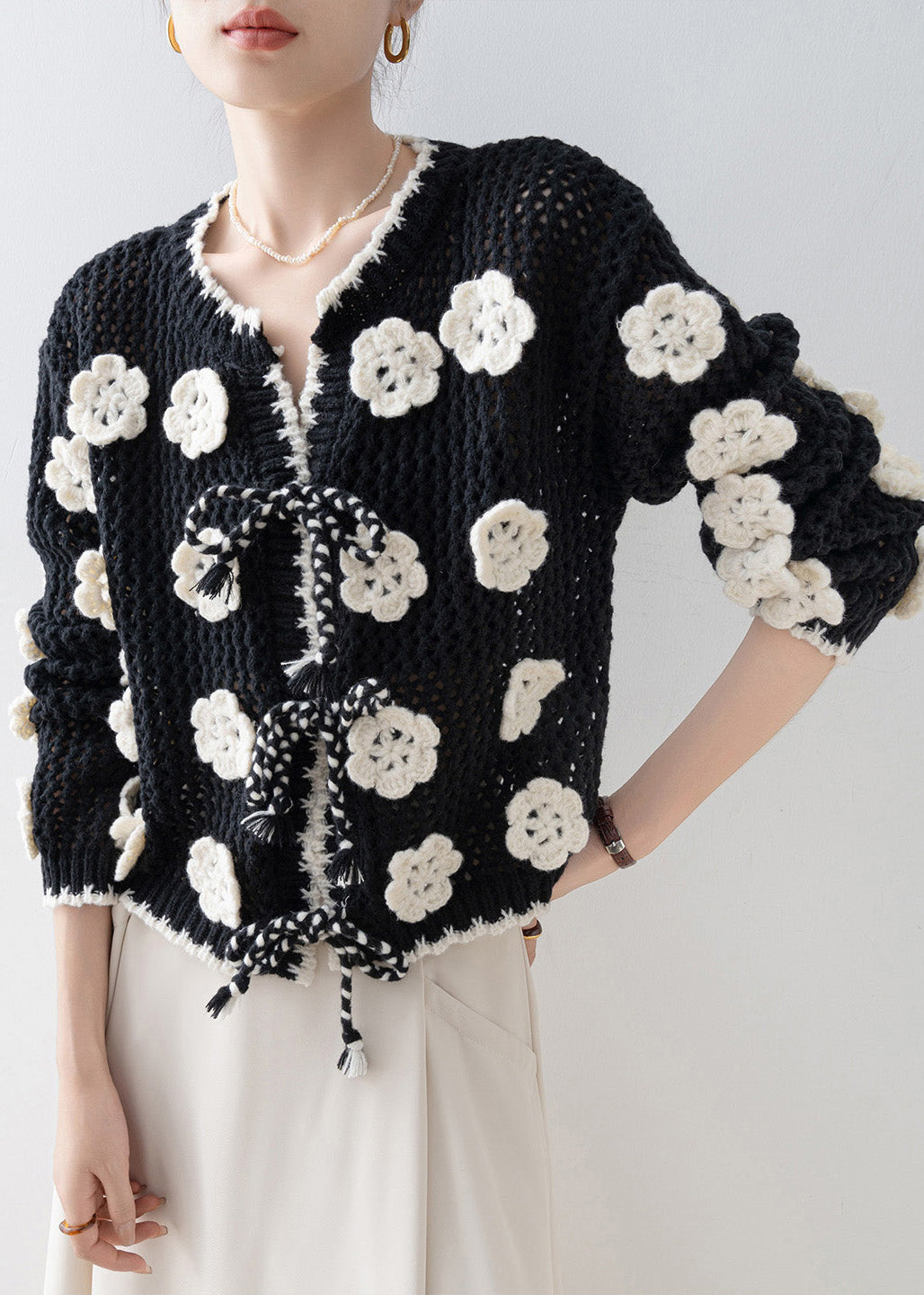 Diy Black Decorated Hollow Out Knit Cardigan Spring