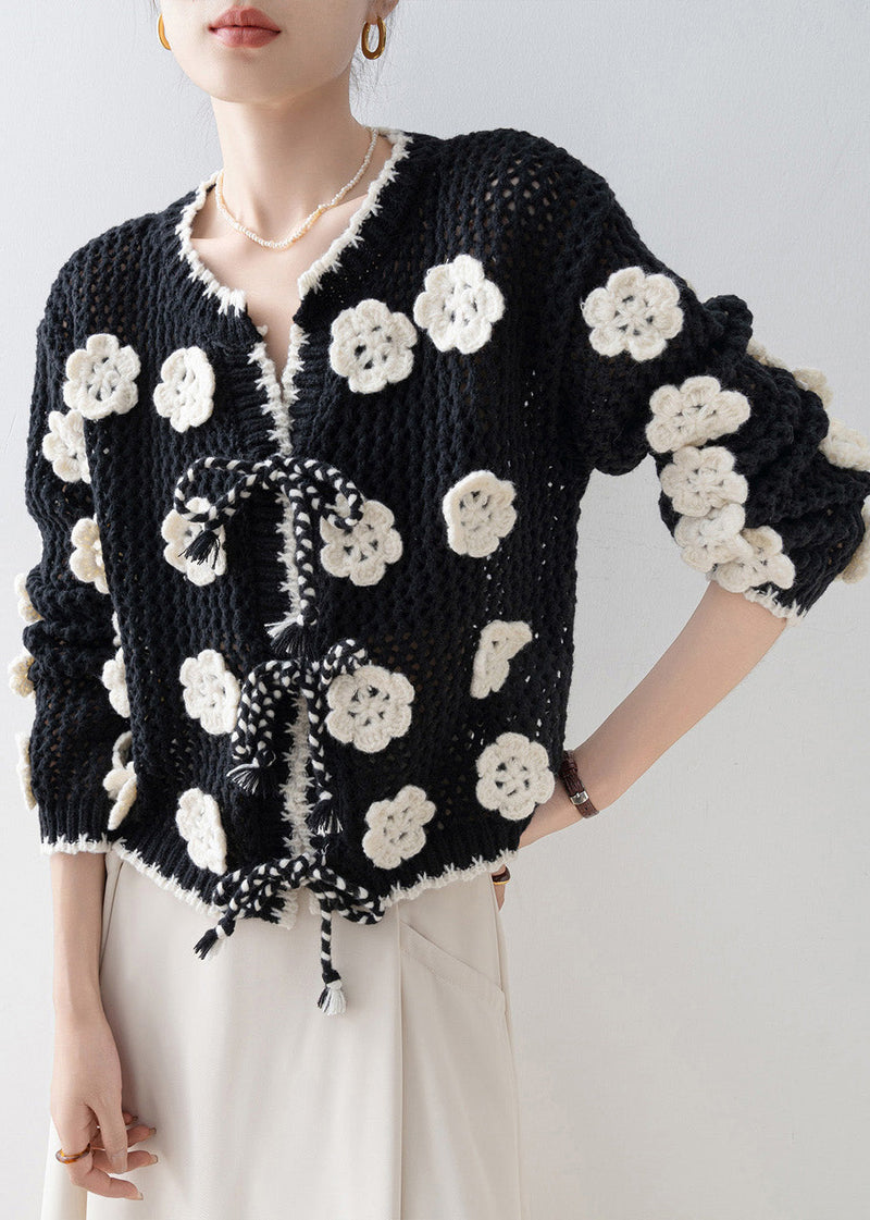 Diy Black Decorated Hollow Out Knit Cardigan Spring