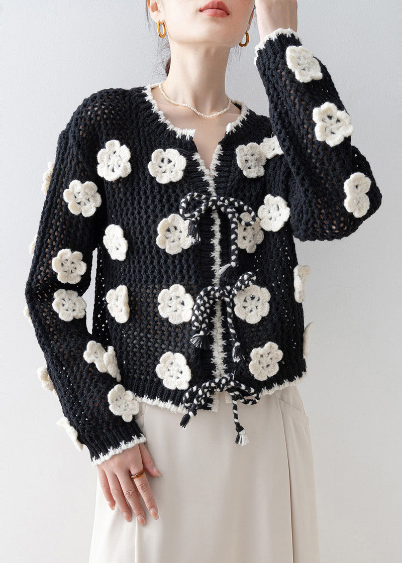 Diy Black Decorated Hollow Out Knit Cardigan Spring
