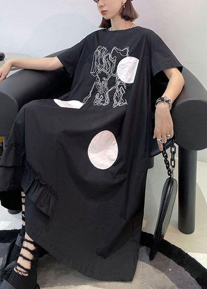 Diy Black O Neck Print Maxi Dress Short Sleeve