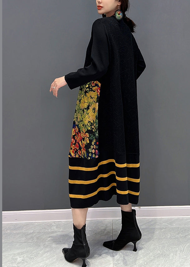 Diy Black O-neck Print Striped Patchwork Knit Long Dresses Fall