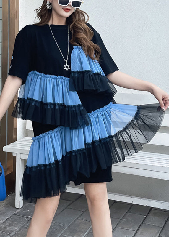 Diy Black O-neck Wrinkled Tulle Patchwork Vacation Mid Dress Short Sleeve