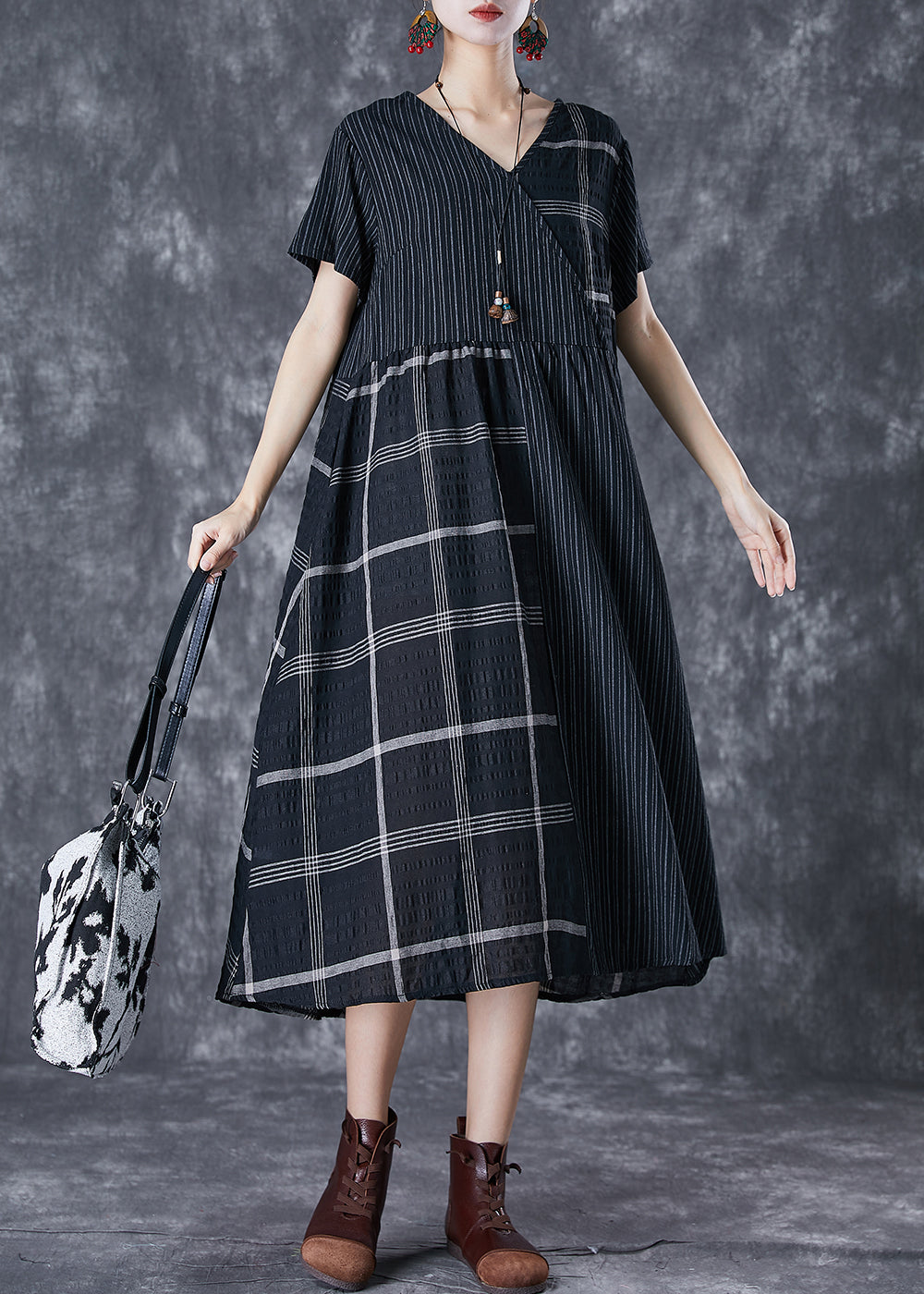 Diy Black Oversized Patchwork Linen Long Dress Summer