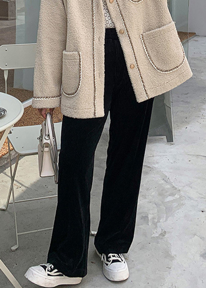 Diy Black Oversized Pockets Silk Velour Straight Pants Fall