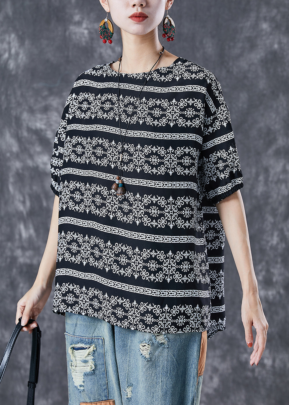 Diy Black Oversized Print Chiffon Top Summer