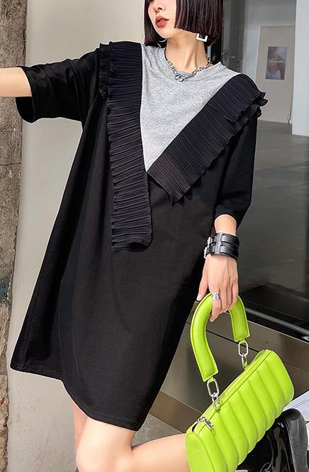 Diy Black Patchwork Grey Cotton Ruffled Summer Dress