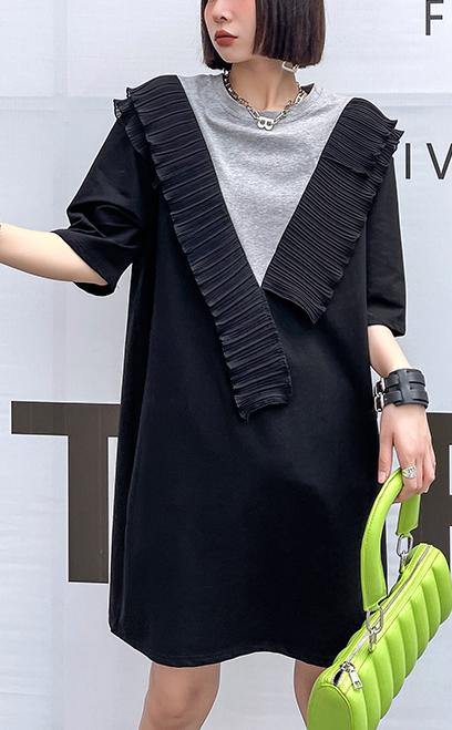 Diy Black Patchwork Grey Cotton Ruffled Summer Dress