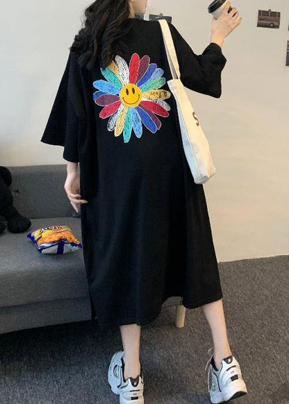 Diy Black Short Sleeve Cotton Sun Flower Summer Dresses