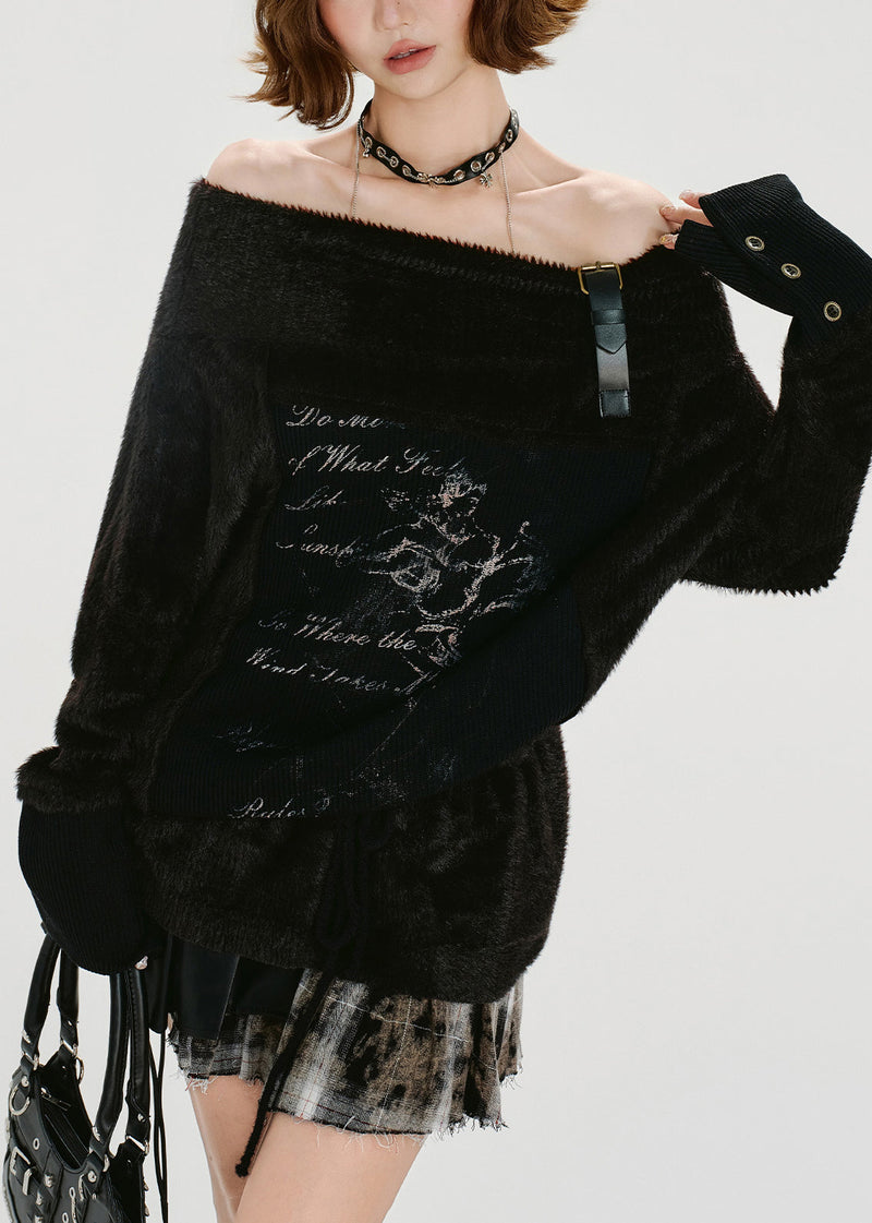 Diy Black Slash Neck Cold Shoulder Print Knit Shirts Winter