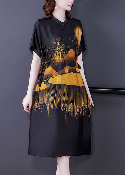 Diy Black Stand Collar Drawstring Print Silk Dresses Summer