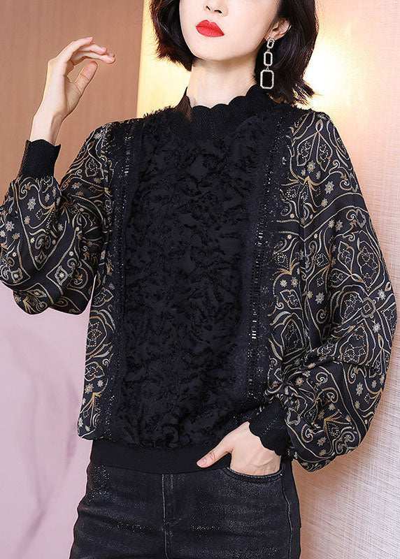 Diy Black Stand Collar Oversized Patchwork Print Chiffon Shirt Top Lantern Sleeve