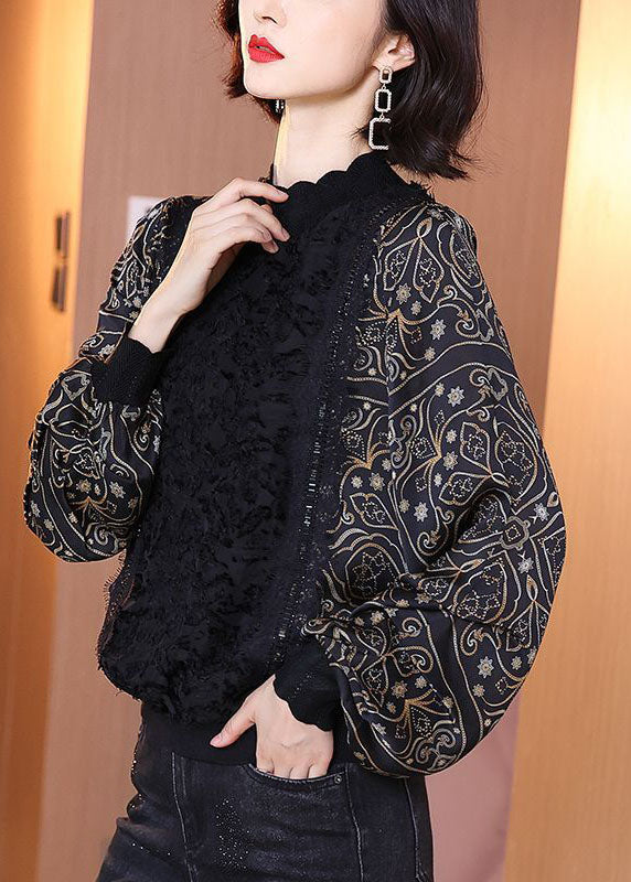 Diy Black Stand Collar Oversized Patchwork Print Chiffon Shirt Top Lantern Sleeve