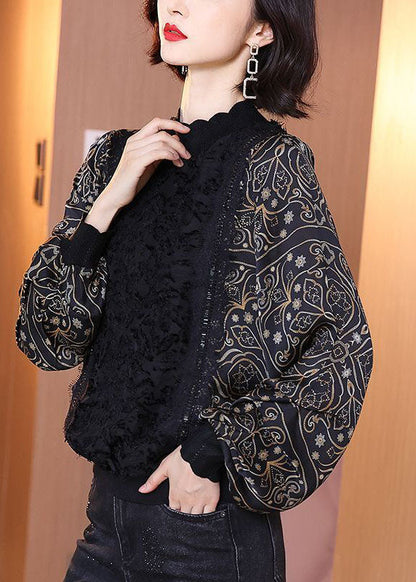 Diy Black Stand Collar Oversized Patchwork Print Chiffon Shirt Top Lantern Sleeve