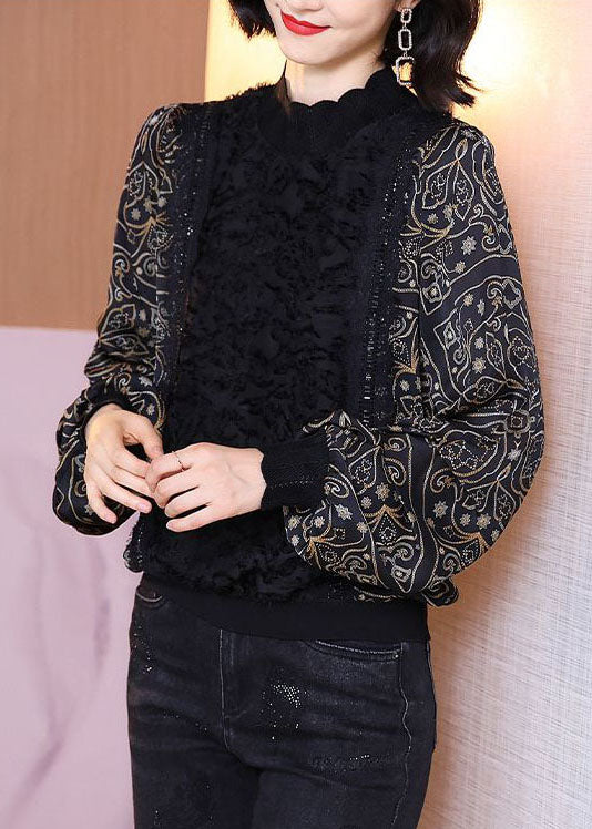 Diy Black Stand Collar Oversized Patchwork Print Chiffon Shirt Top Lantern Sleeve