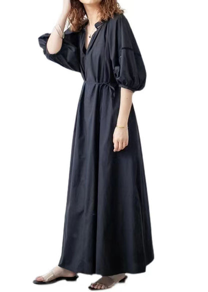 Diy Black V Neck Hollow Out Patchwork Cotton Dress Lantern Sleeve