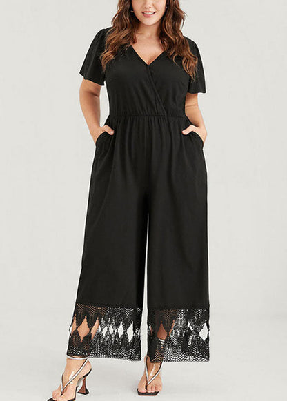 Diy Black V Neck Lace Patchwork Elastic Waist Knit Wide Leg Jumpsuit Short Sleeve