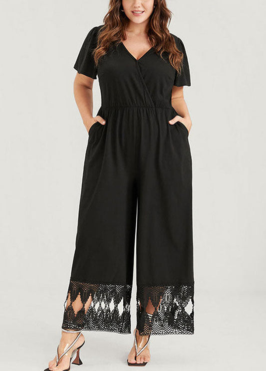 Diy Black V Neck Lace Patchwork Elastic Waist Knit Wide Leg Jumpsuit Short Sleeve