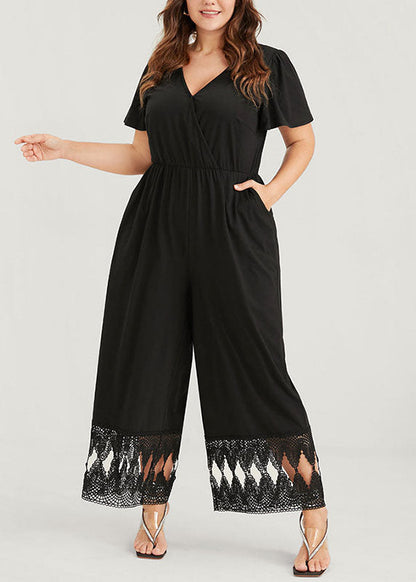 Diy Black V Neck Lace Patchwork Elastic Waist Knit Wide Leg Jumpsuit Short Sleeve
