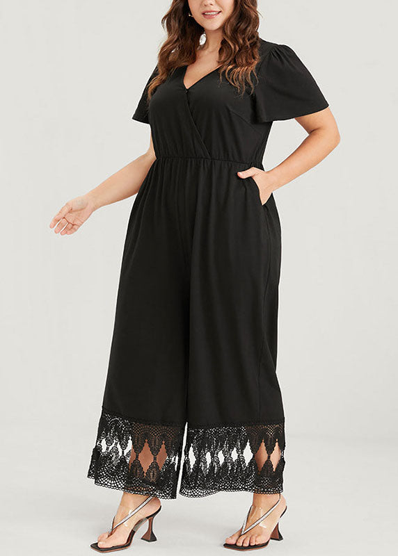 Diy Black V Neck Lace Patchwork Elastic Waist Knit Wide Leg Jumpsuit Short Sleeve