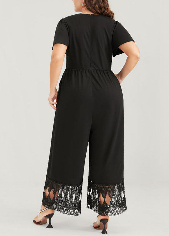 Diy Black V Neck Lace Patchwork Elastic Waist Knit Wide Leg Jumpsuit Short Sleeve