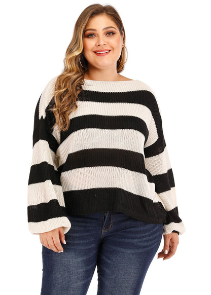 Diy Black White Striped Patchwork Knit Sweater Lantern Sleeve