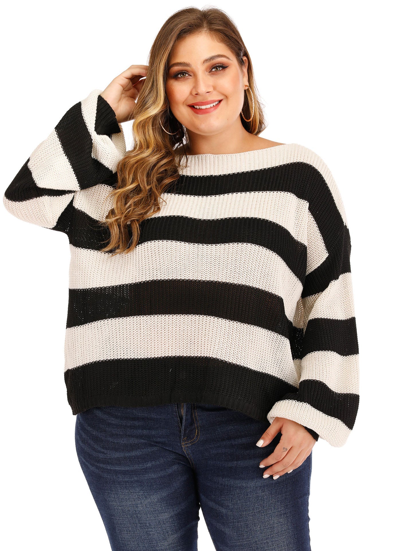 Diy Black White Striped Patchwork Knit Sweater Lantern Sleeve