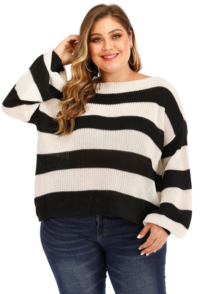 Diy Black White Striped Patchwork Knit Sweater Lantern Sleeve