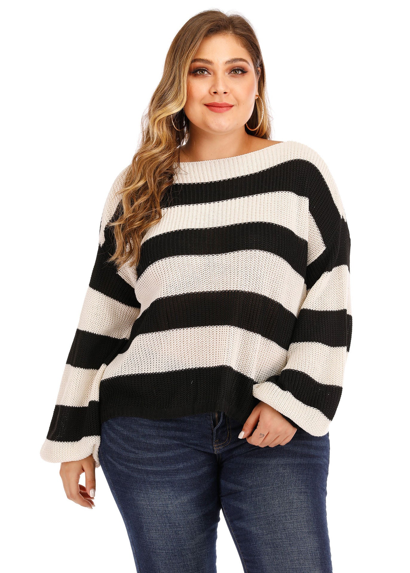 Diy Black White Striped Patchwork Knit Sweater Lantern Sleeve