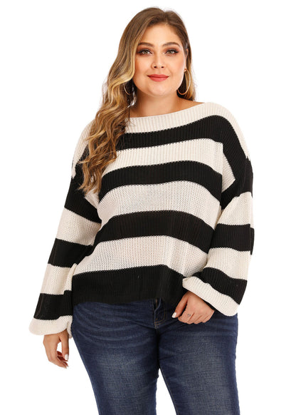 Diy Black White Striped Patchwork Knit Sweater Lantern Sleeve
