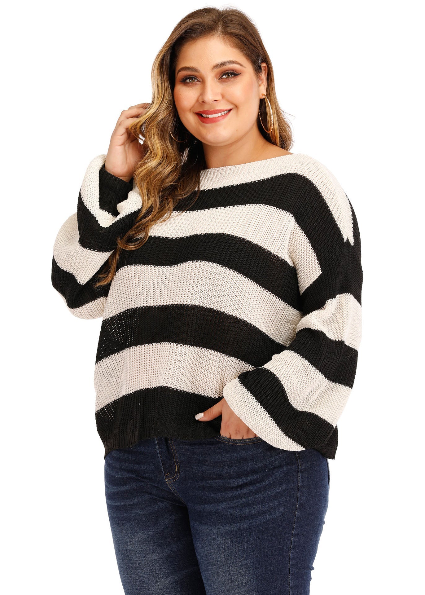 Diy Black White Striped Patchwork Knit Sweater Lantern Sleeve