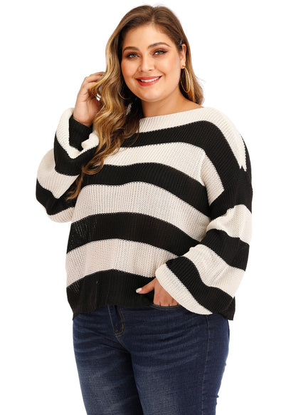 Diy Black White Striped Patchwork Knit Sweater Lantern Sleeve
