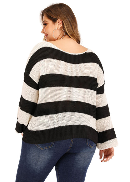 Diy Black White Striped Patchwork Knit Sweater Lantern Sleeve