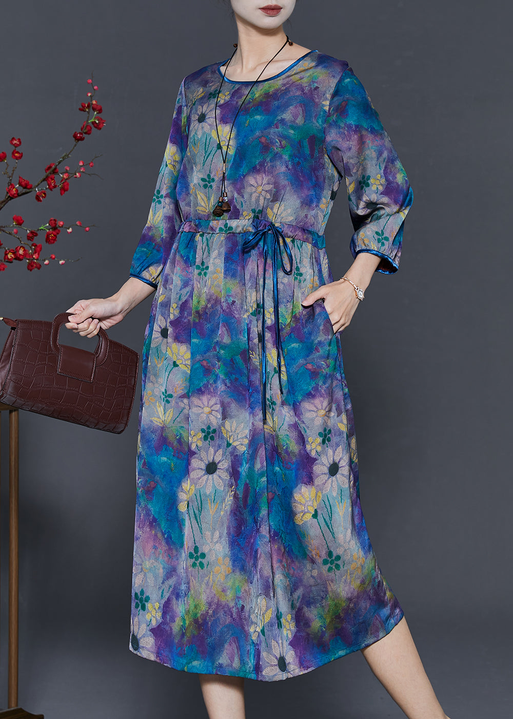 Diy Blue Cinched Print Chiffon Maxi Dresses Bracelet Sleeve