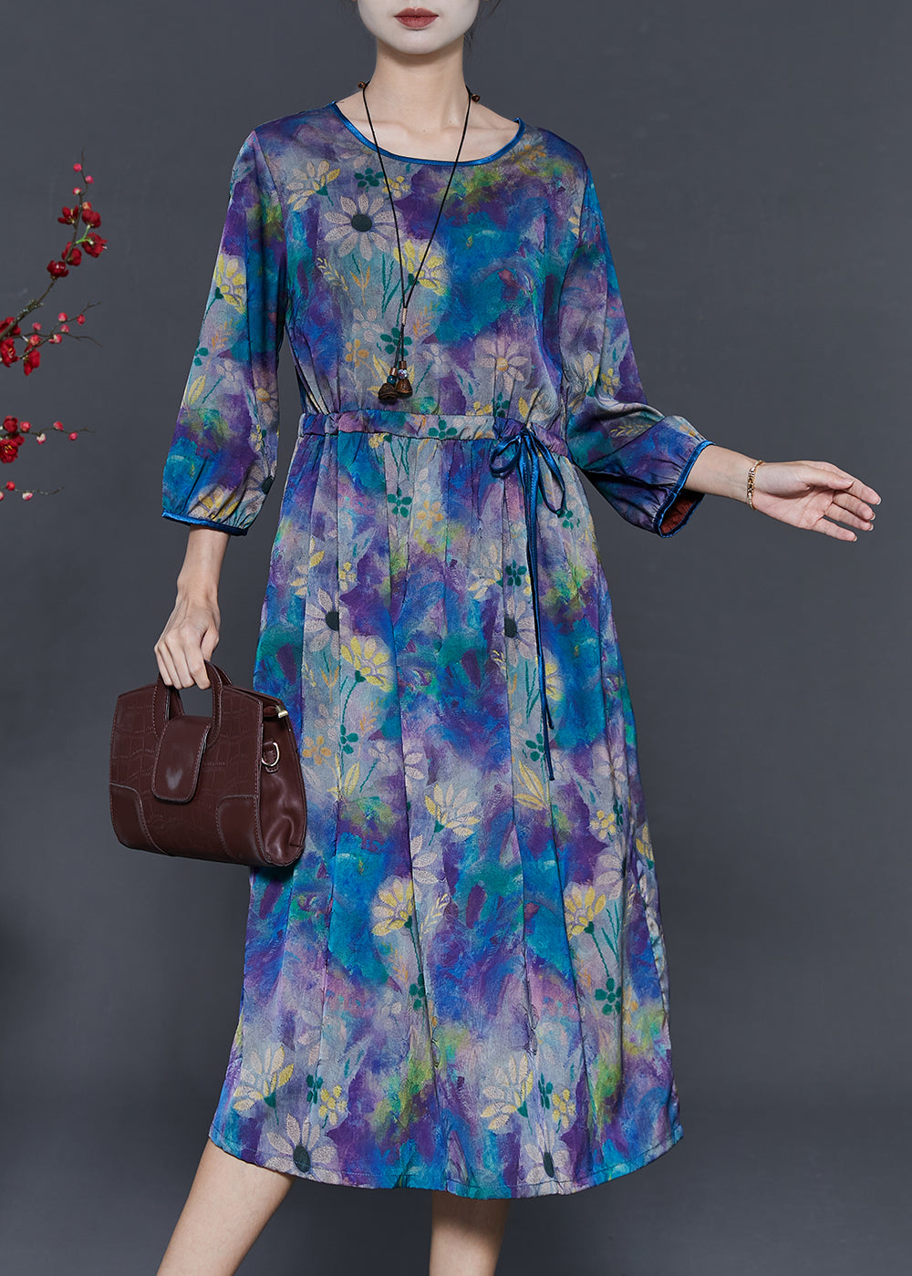 Diy Blue Cinched Print Chiffon Maxi Dresses Bracelet Sleeve