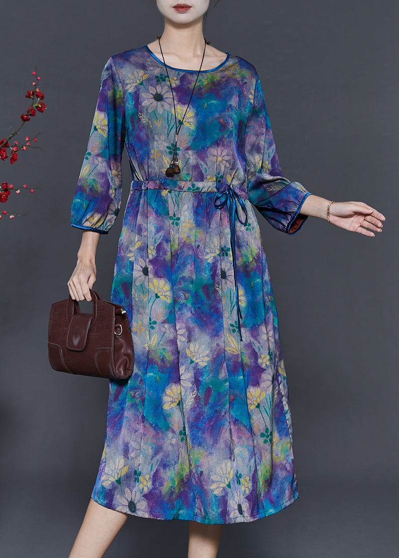 Diy Blue Cinched Print Chiffon Maxi Dresses Bracelet Sleeve