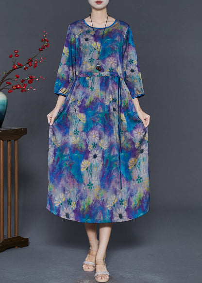 Diy Blue Cinched Print Chiffon Maxi Dresses Bracelet Sleeve