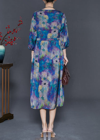 Diy Blue Cinched Print Chiffon Maxi Dresses Bracelet Sleeve