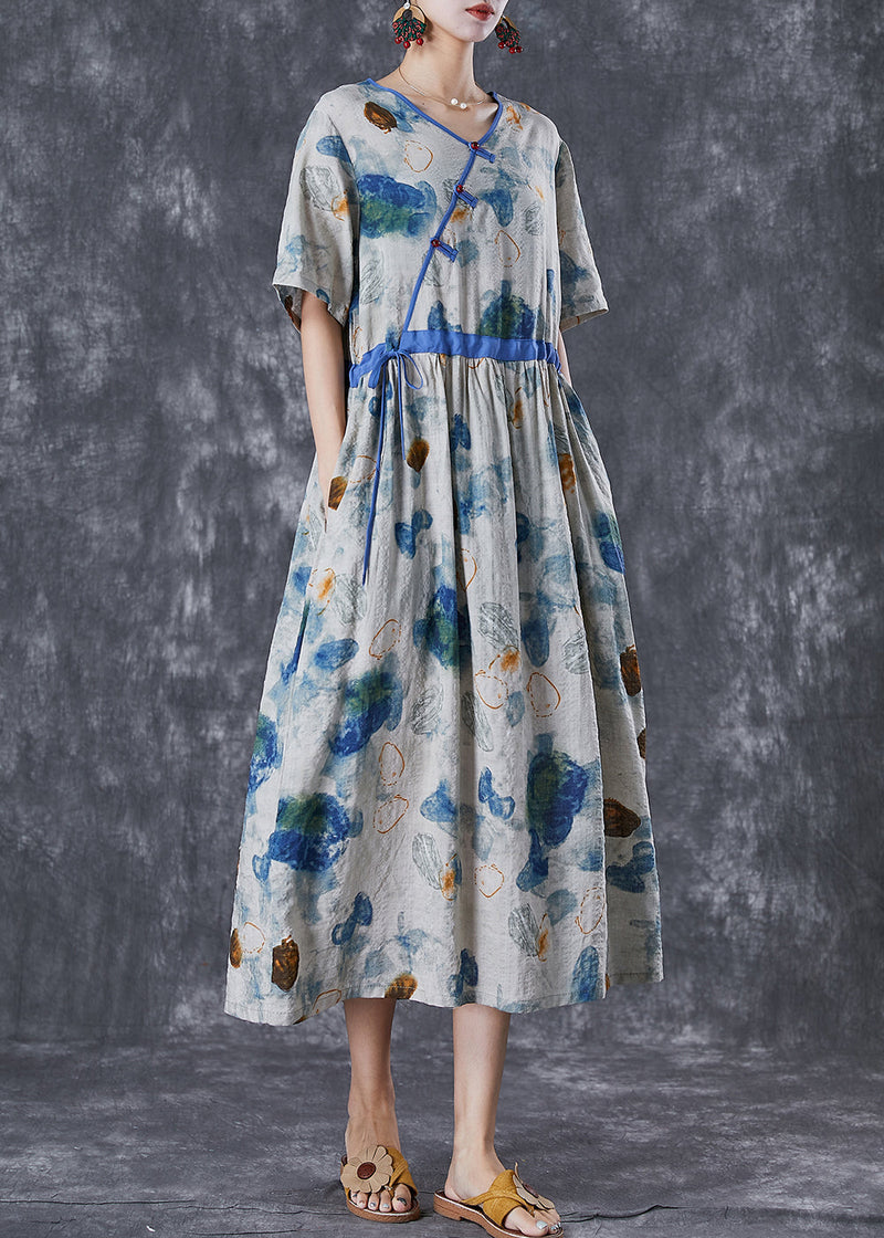 Diy Blue Cinched Print Linen Silk Holiday Dress Summer