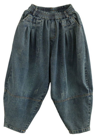 Diy Blue High Waist Pockets Wrinkled Harem Fall Denim Pants